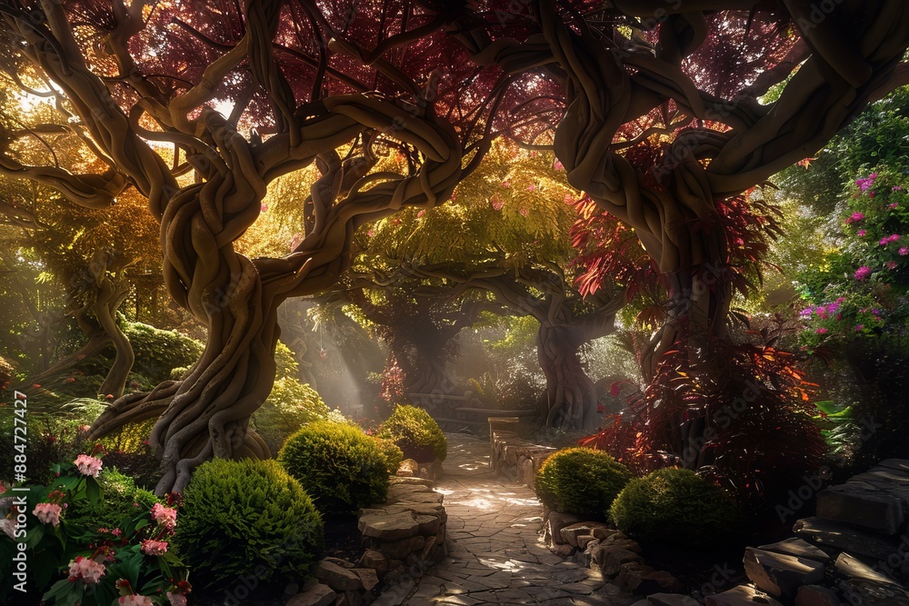 Poster mystical pathway through an enchanted forest with sunbeams filtering through colorful foliage