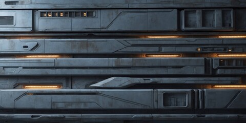 Detailed, textured metal surface with orange lights