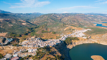 Aerial 4K video from drone to town Iznajar at sunset.
Iznajar ,Cordova, Andalusia, Spain
