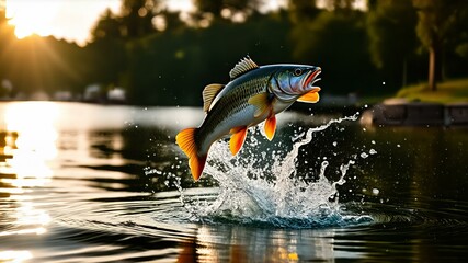 Fototapeta premium Perch jumps out of the water, realistic, water splashes, cinematic lighting
