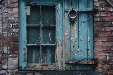 Naklejka premium an old battered wooden window with elements of iron fittings