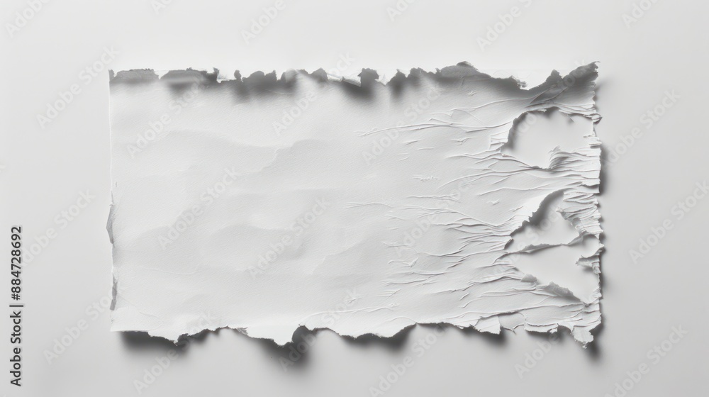 Poster minimalist blank white paper with torn edges on white background for text or graphics, soft shadows 