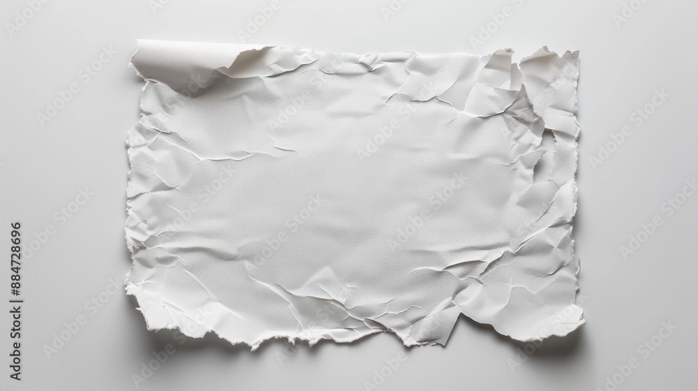 Poster minimalist white paper with torn edges on white background for text or graphics, soft shadows and ev