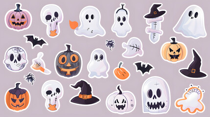 Halloween icons with Pumpkins, Bats, Cats and ghost in set.