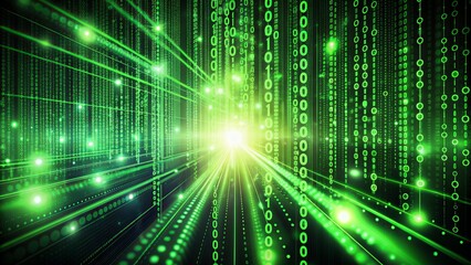 Obraz premium Vibrant neon green binary code streams rapidly through a dark background, symbolizing rapid technological advancement in the 21st century digitally.