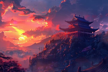 Fototapeta premium Captivating digital art of a pagoda overlooking a sunset with vibrant colors and a serene landscape