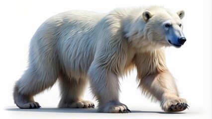 Fototapeta premium Isolated majestic mythical creature, resembling a hybrid of polar bear and ape, strides confidently across a pristine white background.
