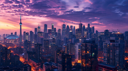 Fototapeta premium cityscape, urban skyline, sunset, vibrant colors, city at dusk, evening skyline, skyscrapers, buildings, architecture, downtown, city lights, sunset glow, city silhouette, panoramic view, skyline view