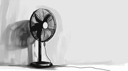 Wallmounted fan, flat design, side view, compact living theme, cartoon drawing, black and white