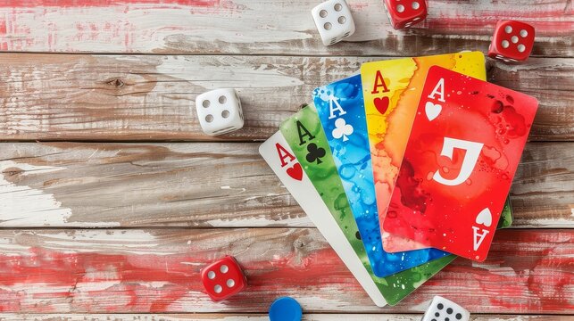 UNO deck, flat design, top view, family game night theme, water color, Monochromatic Color Scheme