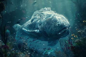 Fototapeta premium Digital illustration of a mystical deepsea fish surrounded by marine flora and fauna