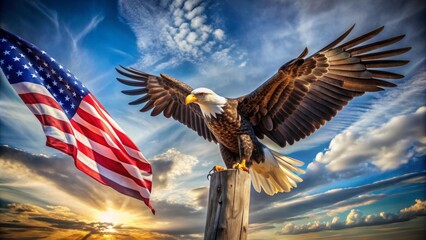 Majestic American eagle spreading wings, patriotic symbol perched on wooden pole, proudly holding waving national colors in serene blue sky.