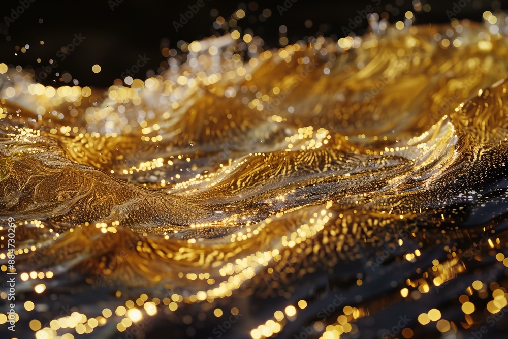 Poster closeup of golden glitter waves with sparkling bokeh, creating an elegant abstract texture