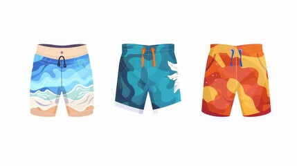 Swim shorts, flat design, side view, athletic swimwear theme, animation, Analogous Color Scheme