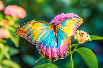 Colorful rainbow colored butterfly with wings spread out