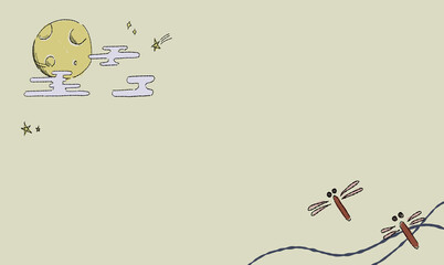 星で彩る、お月見の背景イラスト、とんぼとともに。ペン画風の手描きタッチ。 　模様付き。 © chockwhooll