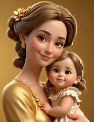 A 3D Animated Cartoon Render of a Smiling Cute Cartoon Mother's Day Happy Mother and Daughter Character 3D Rendered on Gold background.