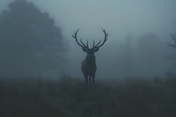 Obraz premium Majestic stag silhouetted in foggy forest.