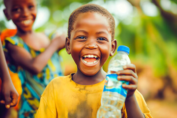 Extremely happy African boy with water bottle in hand