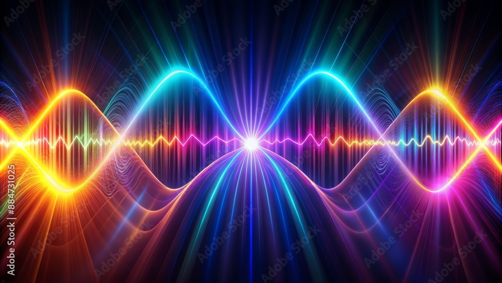 Poster vibrant neon light rays undulate through dark background, forming mesmerizing audio waveform pattern