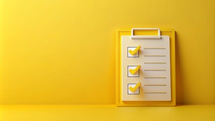 Yellow background with 3D rendered checklist icons featuring stacked check marks, conveying survey concept, evaluation, accreditation, and quality assurance with copy space.