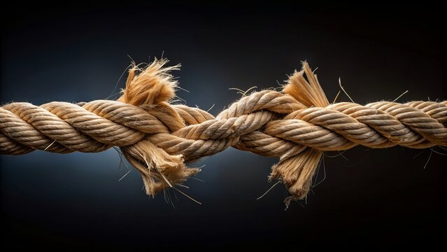 Taut rope stretches between two opposing sides, fibers straining, knots bulging, as if invisible forces engage in intense, silent tug-of-war struggle.