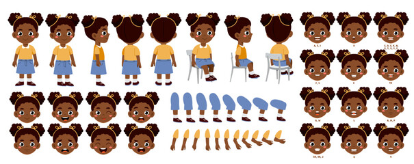 African girl constructor set. Kid in different poses and angle of views. Pack of legs, arms and heads to create animation. Cute schoolgirl sit at chair. Flat vector collection