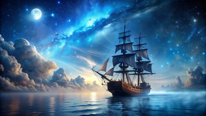 Fototapeta premium Majestic ghost pirate vessel drifts solemnly across the dark blue ocean beneath a celestial canvas of twinkling stars and misty clouds.