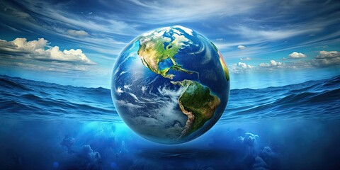 Fototapeta premium Picture of the earth submerged in water, earth, globe, planet, environment, underwater, ocean, sea, blue