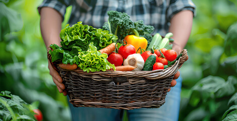 Fototapeta premium Person Holding Fresh Vegetables in an Organic Farm with Lush Nature Background. Generative AI.