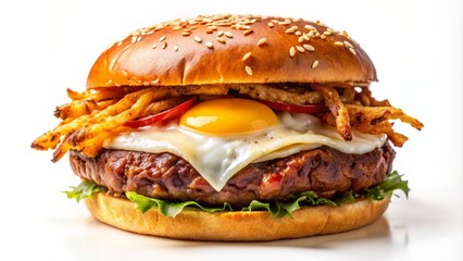 Juicy beef burger topped with crispy fried egg and golden hash browns against a clean white studio background awaiting indulgence.