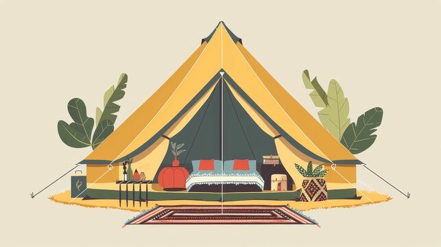 recommend clip art: Bell tent, flat design, front view, glamping theme, cartoon drawing, Tetradic color scheme