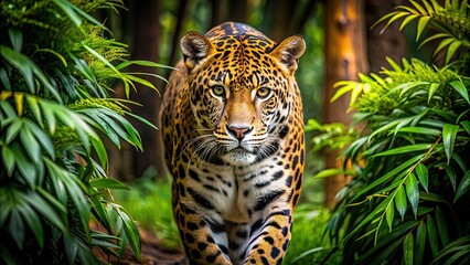 A majestic jaguar prowling through dense jungle foliage, jungle, stalker, predator, wild, wildlife, nature, camouflage, fierce