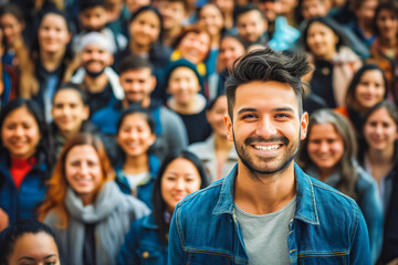Obraz premium Man in front of a Large group of people smiling at camera