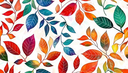 Fototapeta premium Seamless floral pattern. The background features a seamless pattern of colorful leaves. The leaves are in various shades of red, orange, yellow, green, and blue.