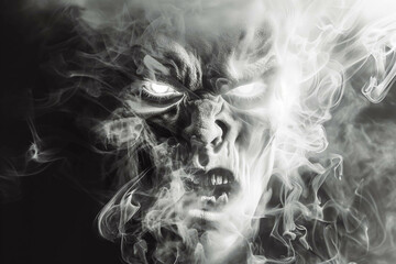 Creepy monster face made out of white scary smoke