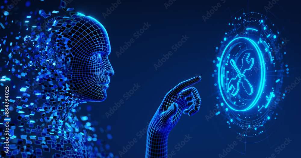 Aufkleber human digital avatar as a symbol of ai presses a virtual button on screen with technical support ico