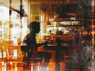 Dynamic Fusion: Double Exposure of Writer's Face in Inspiring Cafe Ambiance