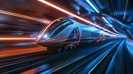 Fototapeta premium Fast modern express passenger train no high speed railway in hyperloop moving from flash light, Futuristic technology, hi tech future digital transport, hyperloop concept