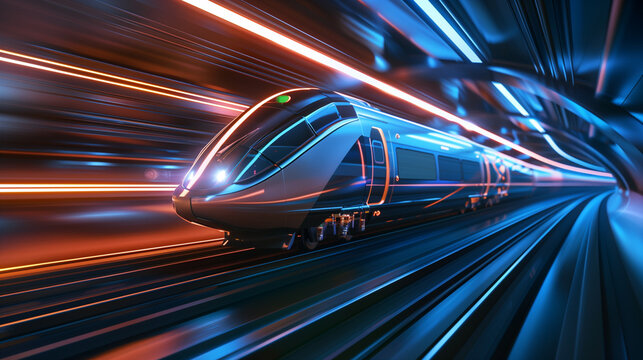 Fast modern express passenger train no high speed railway in hyperloop moving from flash light, Futuristic technology, hi tech future digital transport, hyperloop concept