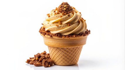 A solitary, creamy, golden-hued soft-serve ice cream cone, lavishly topped with crunchy, dark brown cookie crumbs, on a white background.
