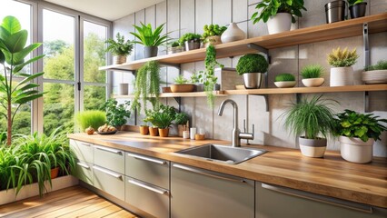 Modern kitchen interior with sleek countertop, stainless steel sink, and lush green plants beautifully arranged on a wooden shelf.