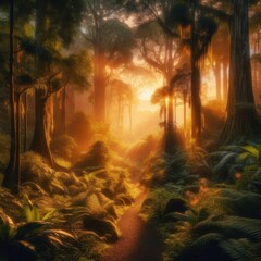 Fototapeta premium Golden Forest: Morning Sunshine Embracing Nature