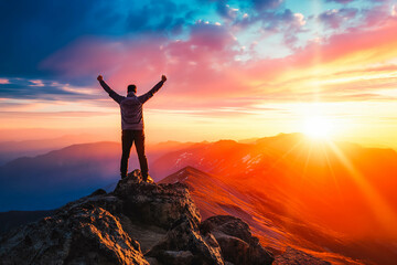 Fototapeta premium Positive man celebrating on mountain top, with arms raised up