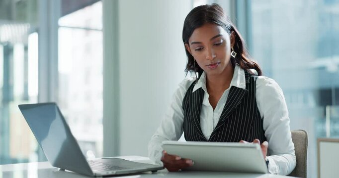 Woman, tablet and laptop in office with reading, typing and virtual consultation for legal info at law firm. Person, attorney or advocate with computer, touchscreen or check notification in workplace