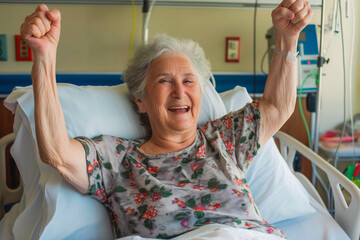 Senior woman on hospital bed celebrating her recovery from surgery or beating cancer