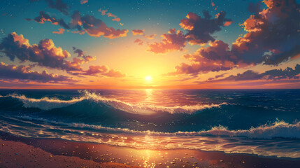 sunrise or sunset on sea style anime