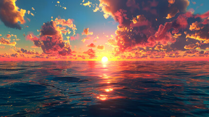 sunrise or sunset on sea style anime