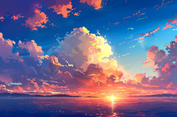 Fototapeta premium sunrise or sunset on sea style anime