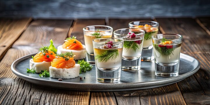 Traditional Icelandic delicacy hakarl and Brennivin shots on a dish, icelandic, cuisine, hakarl, brennivin, traditional